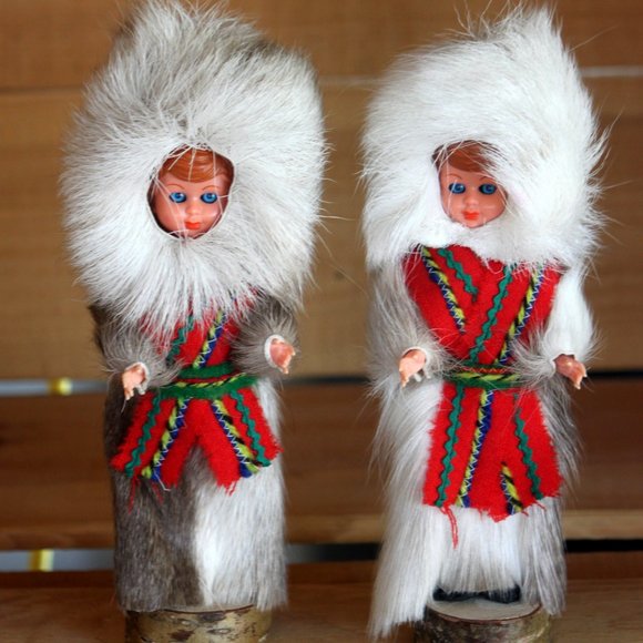 Vintage Celluloid Laplander Finnish Cultural Souvenir Dolls With Reindeer Fur - Picture 5 of 8